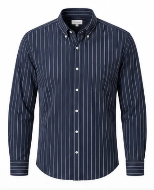 Navy blue striped shirt with button-down collar